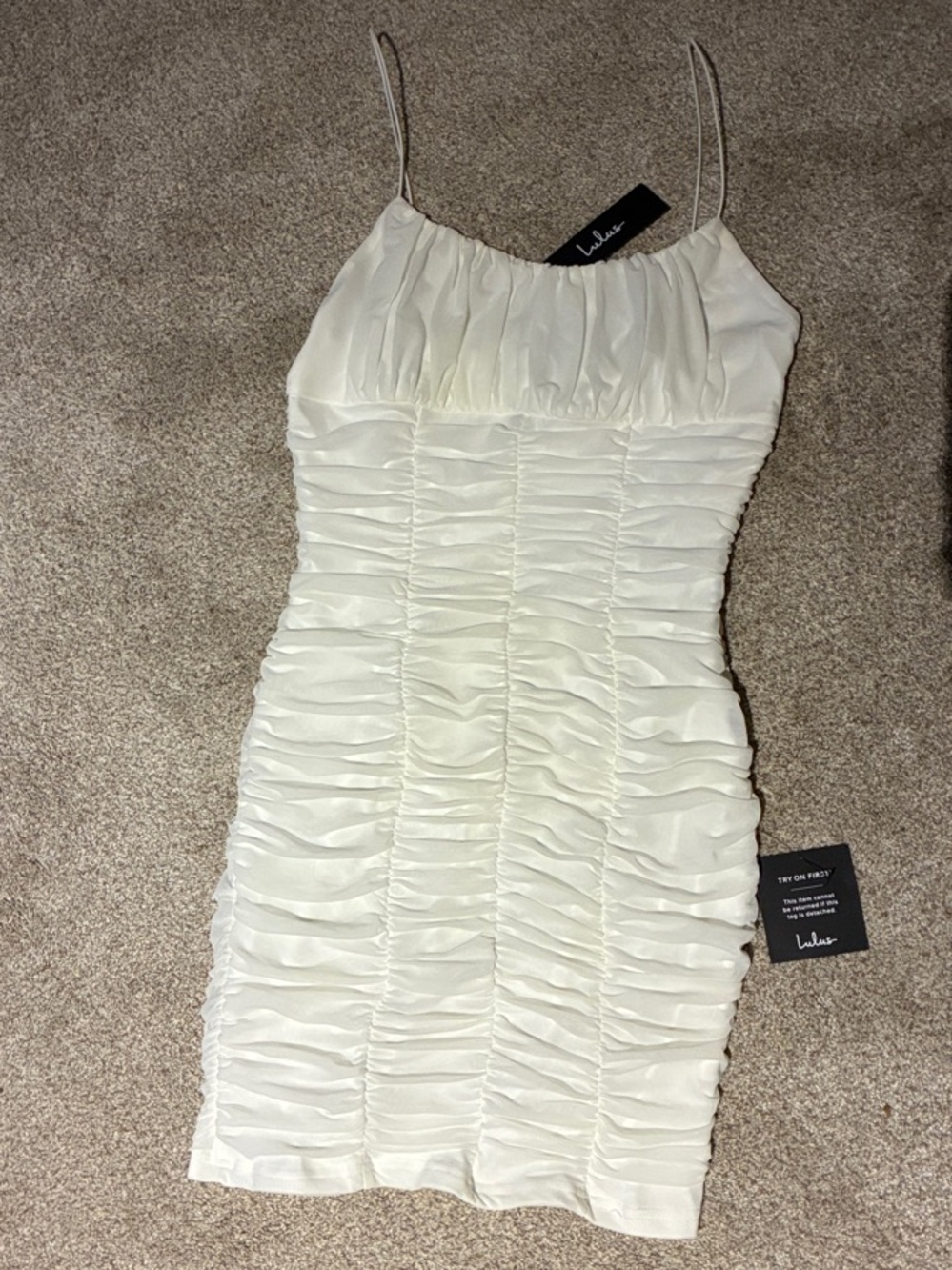 Lulu's Cream Ruched Spaghetti-Strap Mini Dress